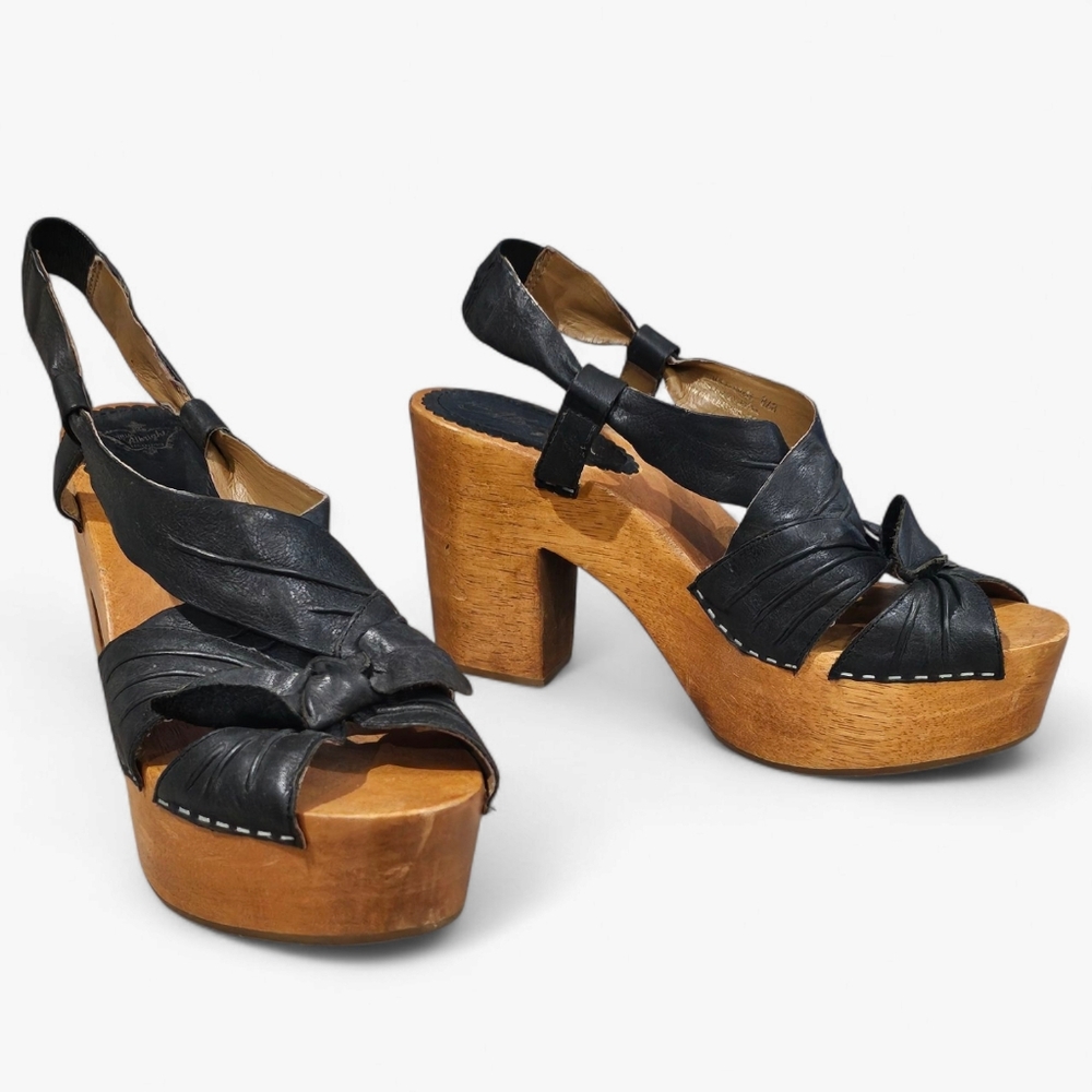 MISS ALBRIGHT Black Leather Twist Tie Clog Platform Wooden Sandals 8.5B